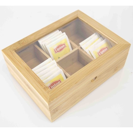 Home Basics 6 Compartment Tea Bag Storage Box with Clear Top, Natural TB47232